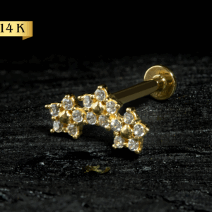 LABRET OURO 14K R/I 3 FLORES CRAVEJADAS - 1.2 X 8MM - CO239 - Imagem 1