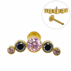 LABRET TITÂNIO PVD GOLD R/I CLUSTER 5 PEDRAS -  PRETO/ ROSA - Imagem 1