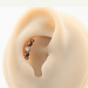 LABRET TITÂNIO PVD GOLD R/I CLUSTER 5 PEDRAS -  PRETO/ ROSA - Imagem 4