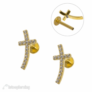 LABRET TITÂNIO R/I CRUZ CURVA CRAVEJADA - PVD GOLD - Imagem 1