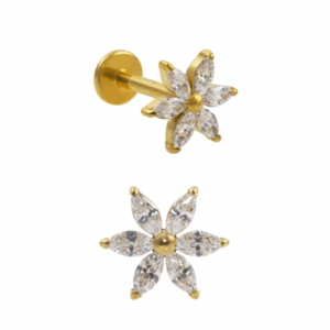 LABRET TITÂNIO R/I FLOR CRAVEJADA C/ ZIRCÔNIA - PVD GOLD - Imagem 1